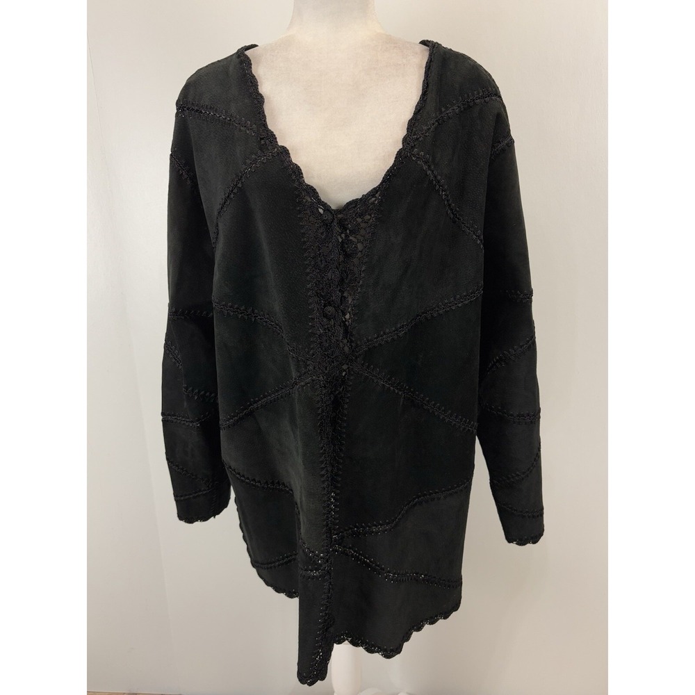 Vtg Jon Lawrence Black Suede Crochet Coat Sz 2X Plus Y2K Whimsigoth Patchwork